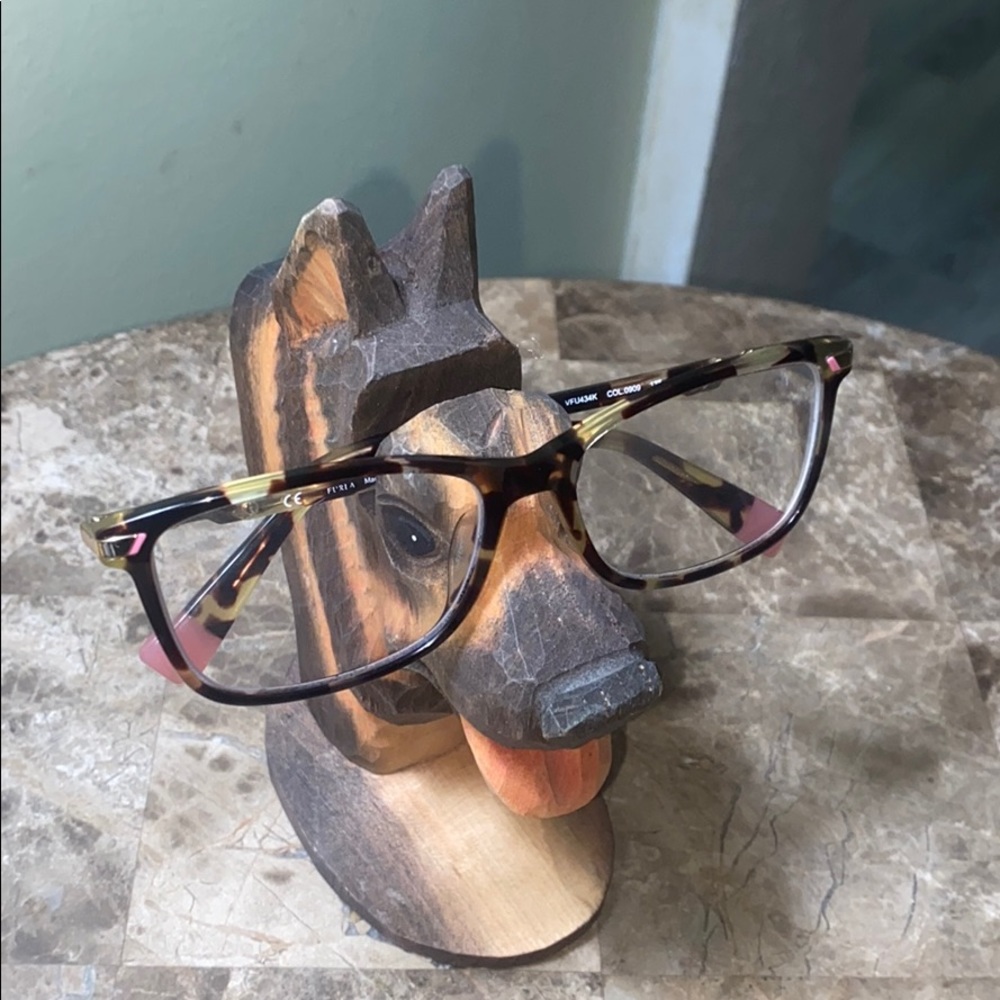Hand Crafted Wooden Dog Head Glasses Holder - Brown and Black